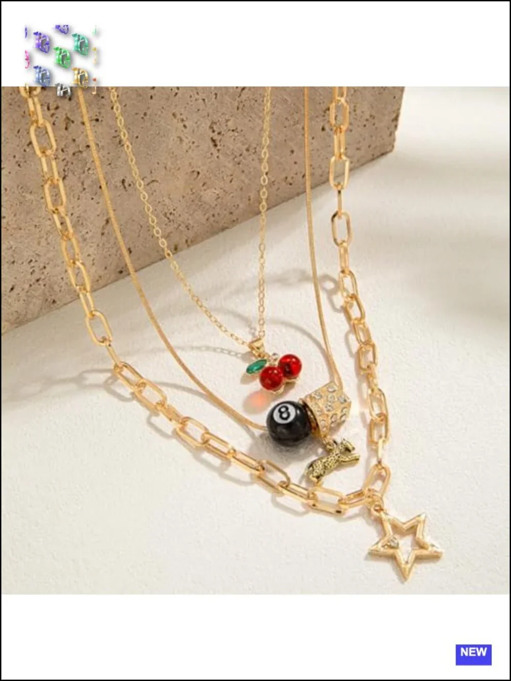 Layered Necklace Set with Cherry 8 Ball Leopard Dice Star Charms